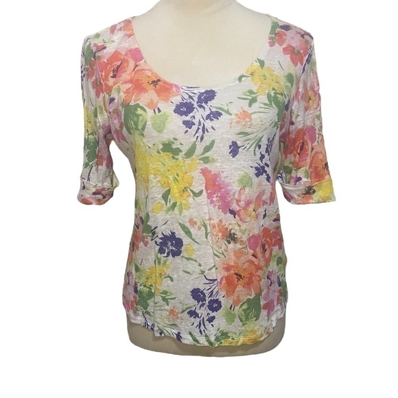 Lauren Ralph Lauren Linen Scoop Neck Multi-Colored Short  Sleeve Floral Top PM - Picture 1 of 5